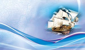 Frigate ship sails in blue shades