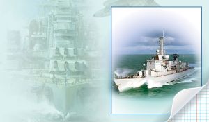 White missile frigate sails on a turquoise sea on a pastel green monochrome