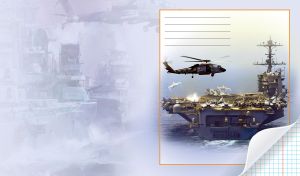 Helicopter flies by the aircraft carrier on a pastel violet-grey monochrome