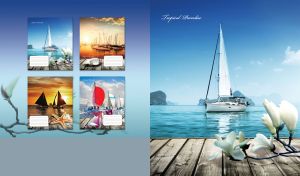 White sailboat and blooming magnolia flowers against the clear blue sky