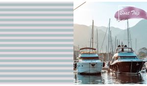 Front view on a two moored motorboats on a pastel teal and gray striped backdrop