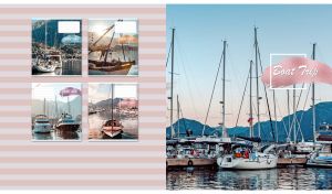 Moored sailboats against mountains on a pastel pink and gray striped backdrop