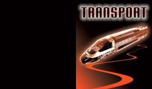 Futuristic luminous train with x-ray inner mechanical parts highlighted in orange