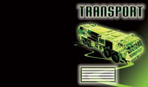 Modern luminous military truck with x-ray inner mechanical parts highlighted in lime