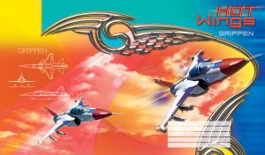 JAS 39 Grippen flying in the clouds across the yellow-red sunset sky