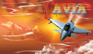 Grey fighter jet flying on orange sky with puffy clouds and stylized radar screens