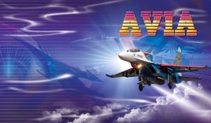White-blue fighter jet on violet abstract sky with puffy clouds and stylized radar screen
