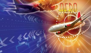 White and red passenger plane flying on abstract sky with vector decor on orange