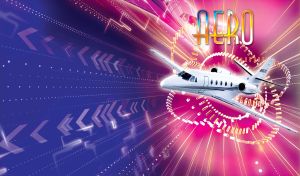 White private jet plane flying on abstract sky with vector decor on fuchsia