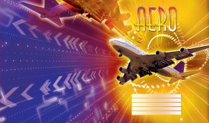 White purple passenger plane flying on abstract sky with vector decor on yellow