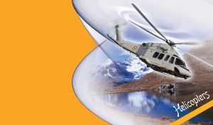 Gray helicopter flying over mountain lake on blue brown, with orange back cover
