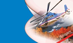Blue and white helicopter flying over autumn forest, with blue back cover