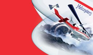 White and red helicopter flying over foggy mountains, with red back cover