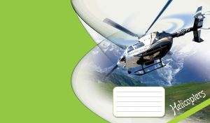 Dark blue and white helicopter flying over green slopes, with lime back cover