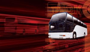 Big black and white double-decker bus on the go, on red and black