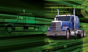 Blue american truck without trailer on the go, on green and black