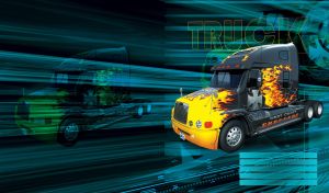 Yellow black huge truck with flame design on the go, on teal and black