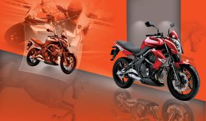 Red bike with reflection on an orange background