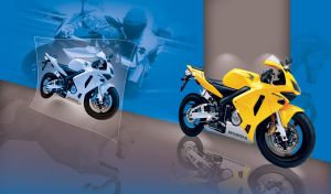 Yellow bike with reflection on a blue background