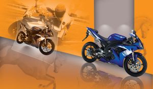 Blue bike with reflection on an orange background