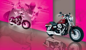 Dark red bike with reflection on a pink background