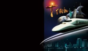 White bullet shinkansen train at night with abstract composition of capitals