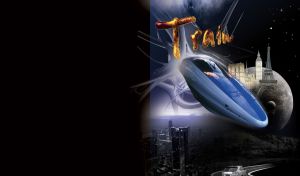 Blue bullet shinkansen train at night with abstract composition of capitals