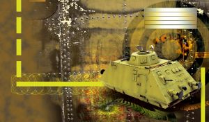 Vintage boys model tank in green with army design background and text box