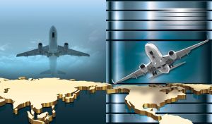Travel and tourism with commercial airliners over world map and blue background.