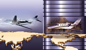 Business aviation concept with private jet over world map and violet background.