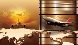 Travel concept with commercial airliners over world map and brown background.