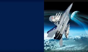 Gray-blue military aircraft flies over thick clouds into the black space