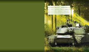 Pair of tank men in a tank drives through the trees in the green woods