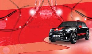 Black hatchback with red stripes on a red background with a techno gear pattern