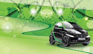 Black and green hatchback on a green background with a techno gear pattern