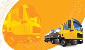 Yellow truck with a stainless steel tank on a yellow and white background