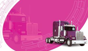 Purple and metallic long distance truck on a fuchsia and white background