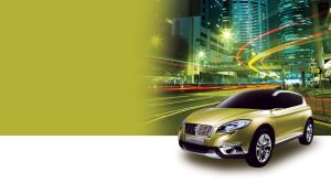 Olive compact SUV against a black cityscape lit by green lights