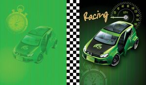 A green and black tuned Volkswagen Golf on a green striped background