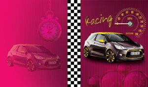 A black and yellow tuned Citroen DS3 on a dark pink striped background