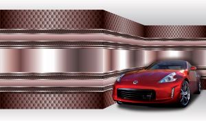 Red sports car stands in the corner of a brown honeycomb patterned room