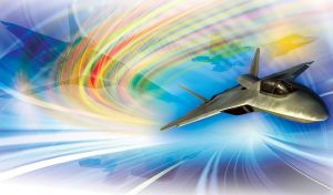 Su-57 jet fighter flies across an abstract blue-purple gradient rainbow sky