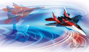 MiG-29 jet fighter flies across an abstract red and blue gradient whirlpool sky