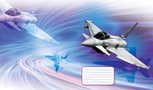 Eurofighter Typhoon flies across an abstract purple-blue gradient whirlpool sky