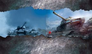 A dark green T-62 A tank on a dusty battlefield on a gray metal background