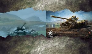 A dark green T110E5 on a dusty battlefield on a green metal textured background