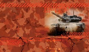 A modern tank with a barrel turned to the left on a red camouflage background