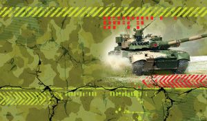 A modern tank with a barrel turned forward on a green camouflage background