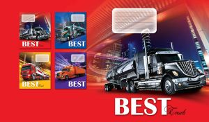 A black tanker truck drives across the night city on a red and navy backdrop