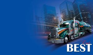 A teal special mission truck drives across the night city on dark blue backdrop